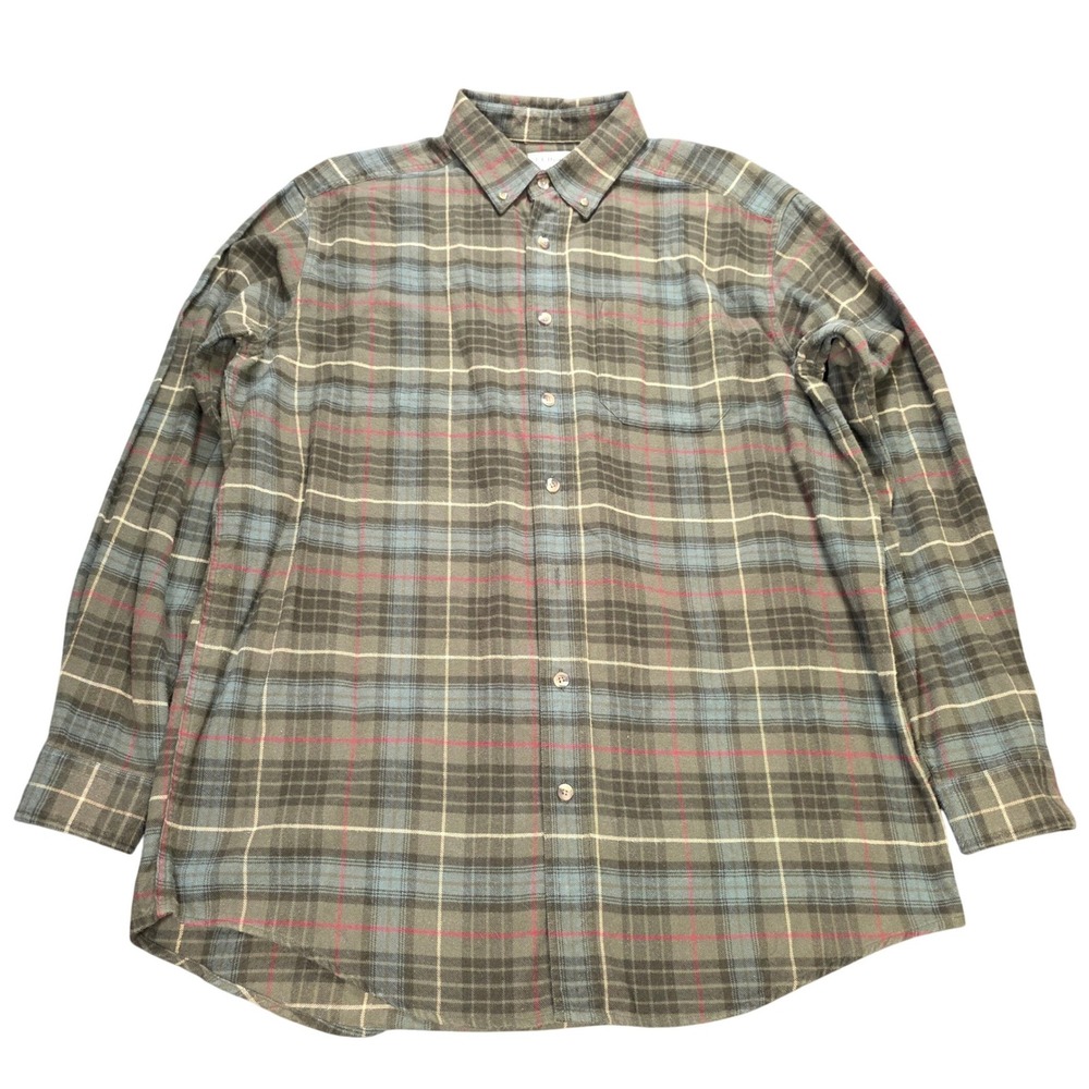 L.L. Bean Flannel Shirt Men's Size L Tall Olive Green Plaid Button Down Cotton